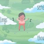 A cartoon of a woman lying on the ground with crutches next to her. There are clouds with the words "feelings," "sensations" and "thoughts" on them