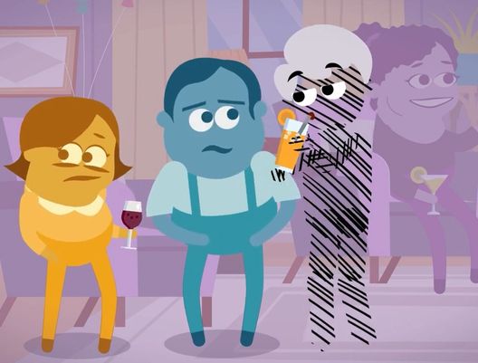A cartoon of people talking at a party with an image of a person's pain standing nearby