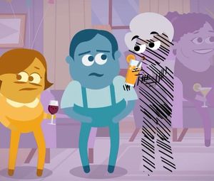 A cartoon of people talking at a party with an image of a person's pain standing nearby
