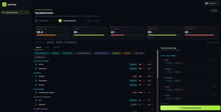 GameTags tag optimisation screen, showing scores for a game's Steam tag set