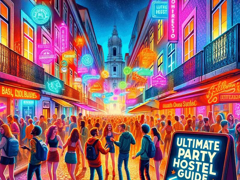 animated, colorful and vibrant street in Lisbon, Portugal at night filled with people of diverse descents. The street is lined with glowing neon