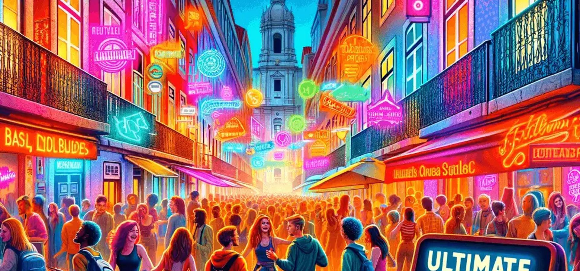 animated, colorful and vibrant street in Lisbon, Portugal at night filled with people of diverse descents. The street is lined with glowing neon