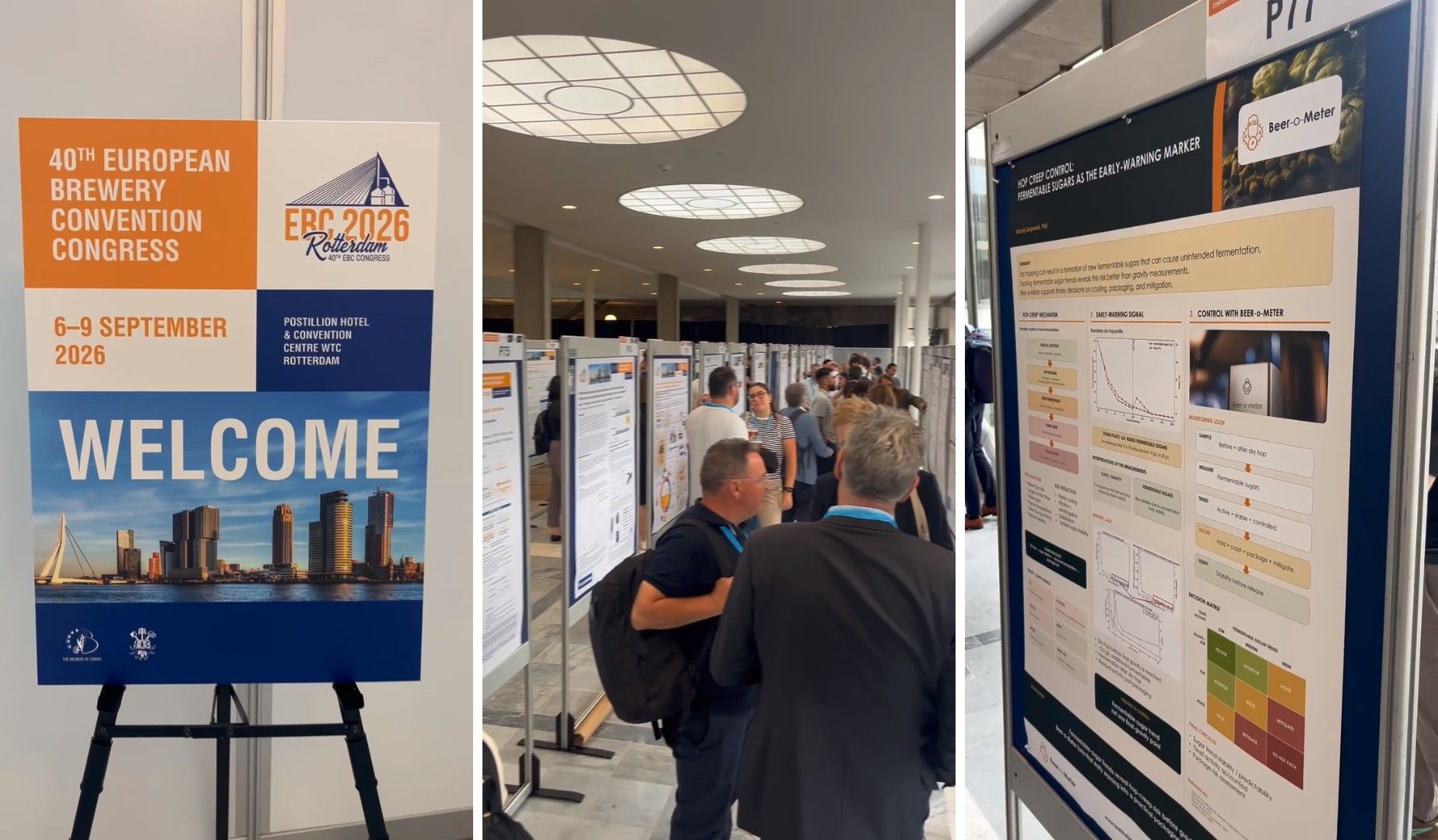 At EBC 2026 in Rotterdam: welcoming attendees, exploring the poster sessions, and presenting our own poster on hop-creep control and fermentable-sugar monitoring