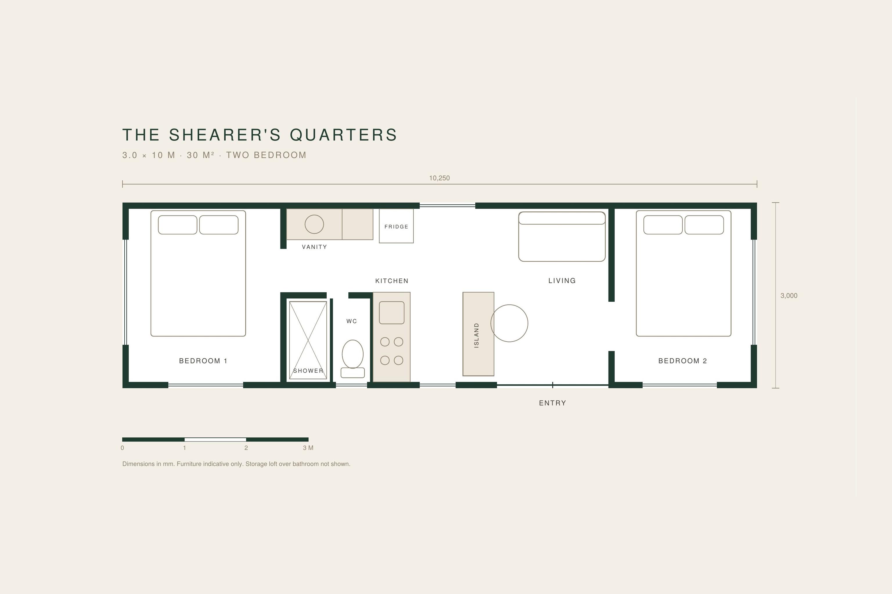 Floor plan of The Shearer’s Quarters, a 3.0 × 10 m two-bedroom tiny house by Base Cabin, with queen bedrooms at each end, a central kitchen with island bench, a living area, and a separate shower and toilet.