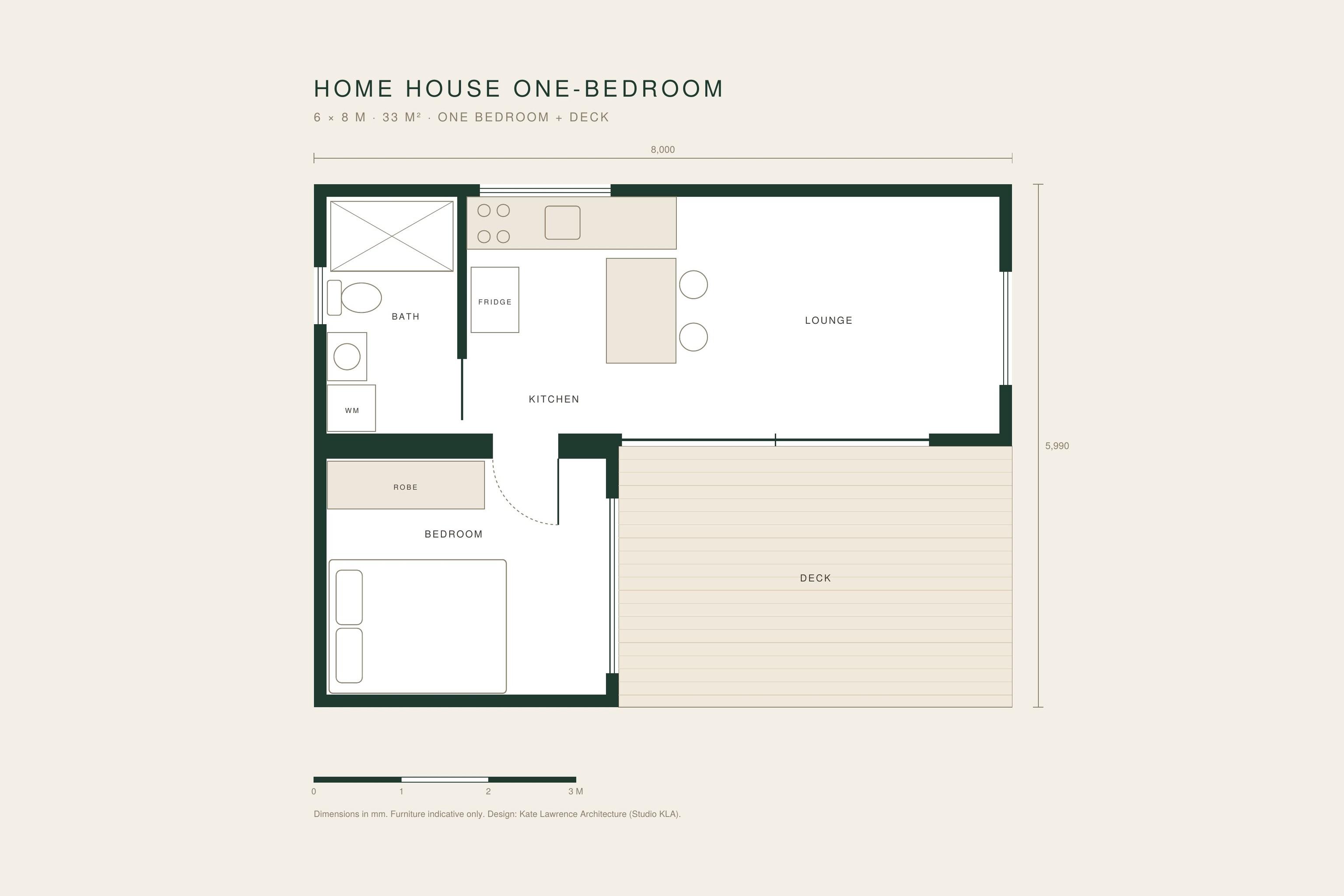 Floor plan of the Home House One-Bedroom, a 6 × 8 m home by Base Cabin, with a kitchen with island bench, a lounge, a bathroom with laundry, a separate bedroom with robe, and an outdoor deck.