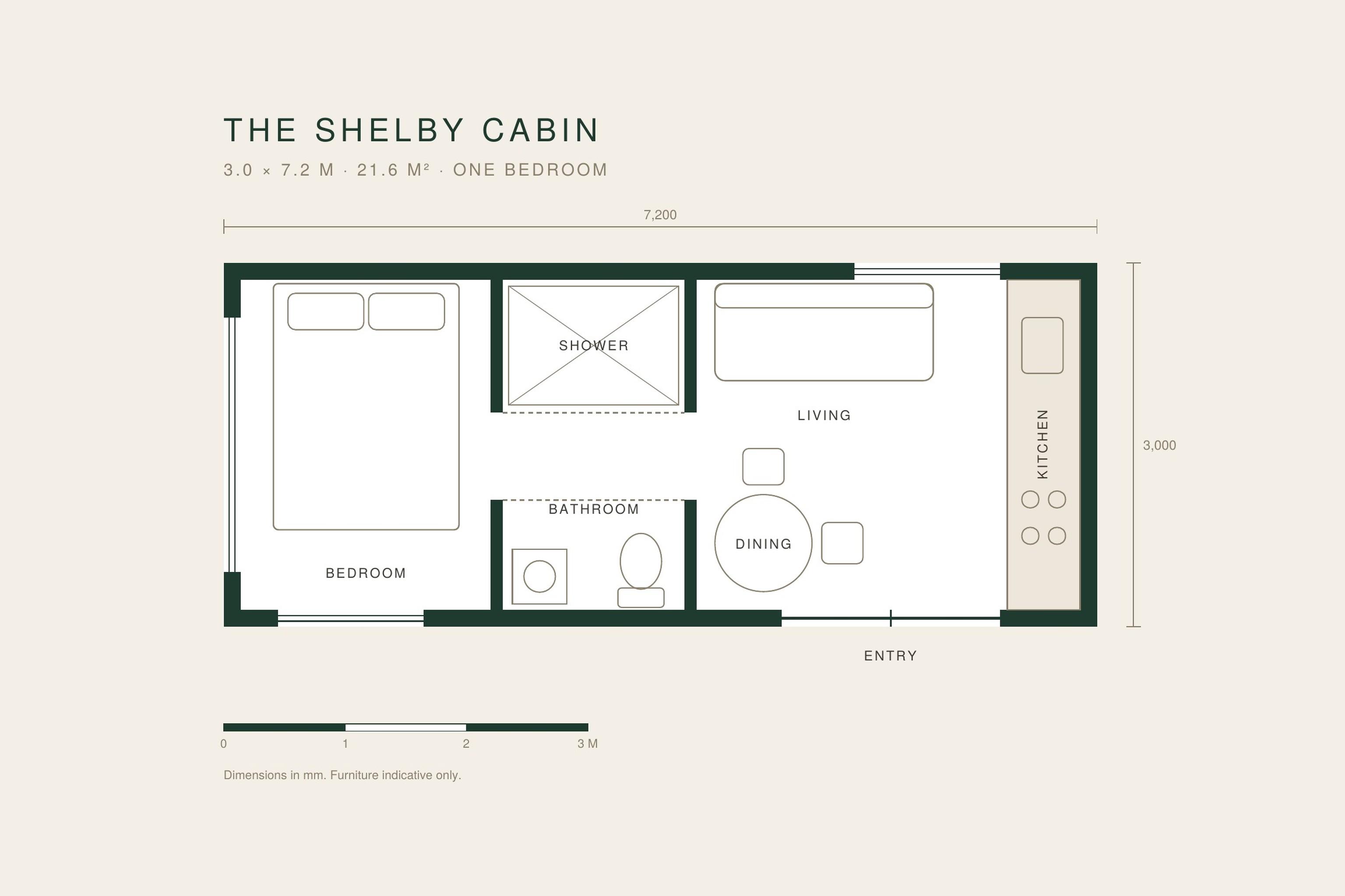 Floor plan of The Shelby Cabin, a 3.0 × 7.2 m one-bedroom tiny house by Base Cabin, with a queen bedroom, a bathroom with shower, a living and dining area, and a kitchen along the end wall.