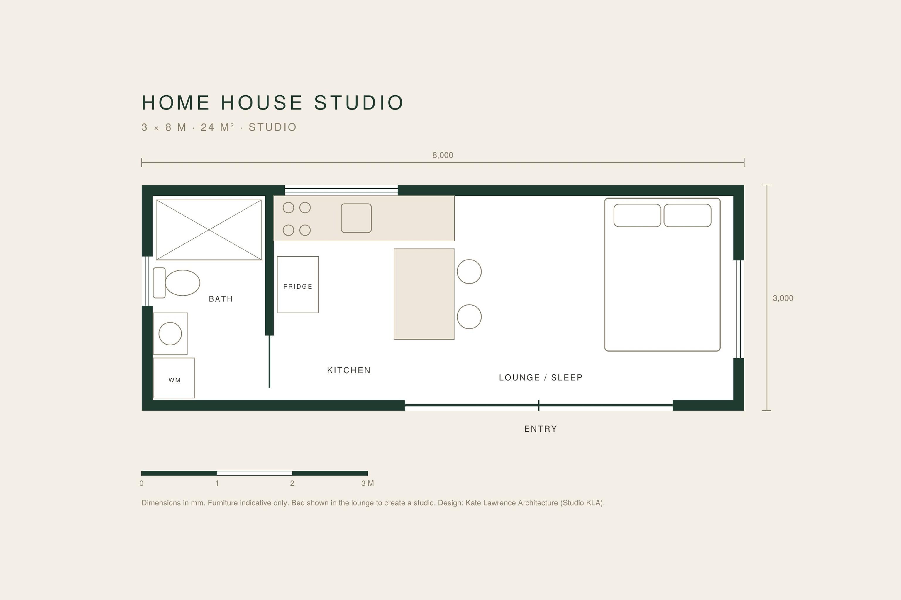 Floor plan of the Home House Studio, a 3 × 8 m studio tiny house by Base Cabin, with a bathroom and laundry at one end, a kitchen with island bench, and a combined lounge and sleeping area.