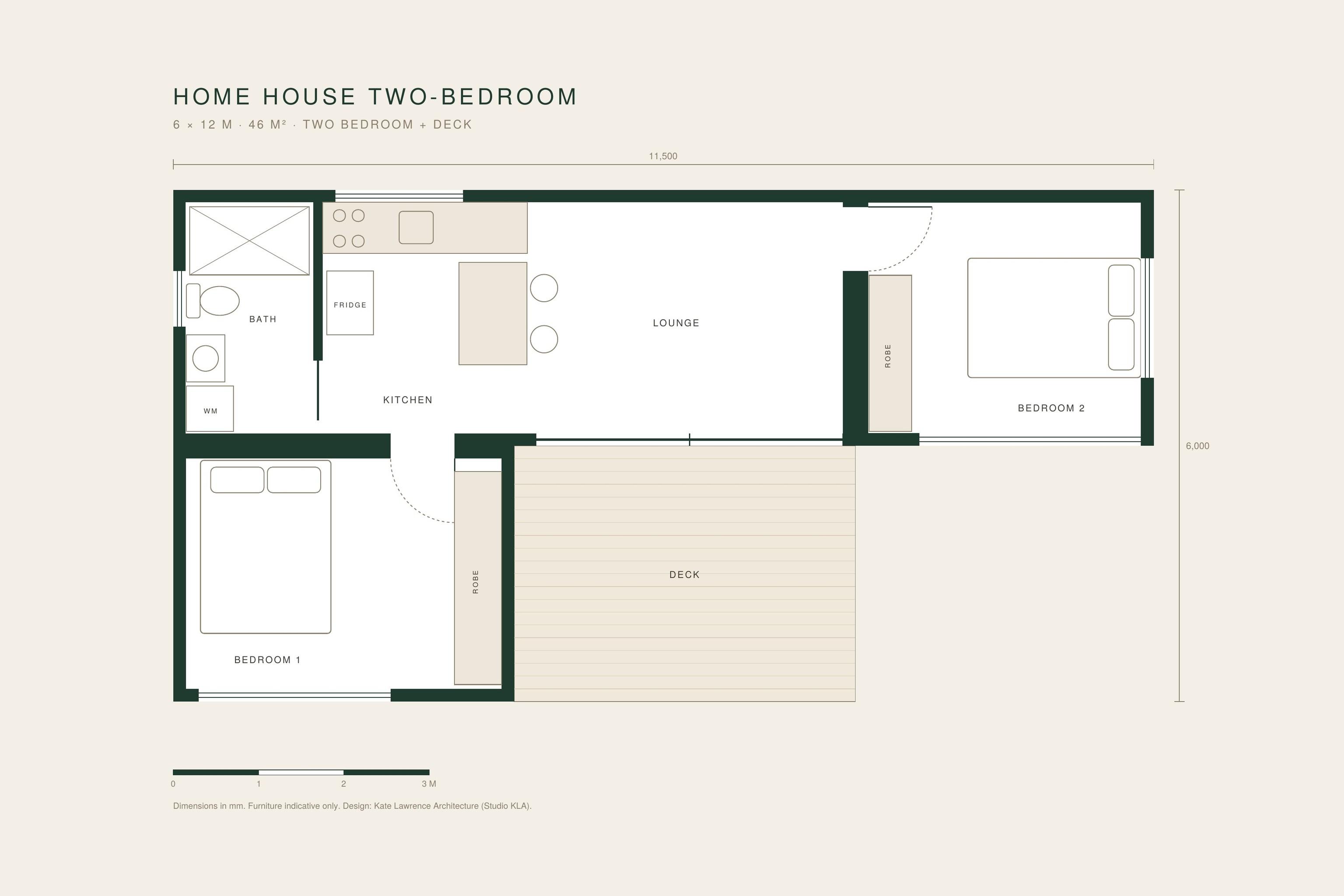 Floor plan of the Home House Two-Bedroom, a 6 × 12 m home by Base Cabin, with a central kitchen and lounge, two bedrooms with robes, a bathroom with laundry, and an outdoor deck between the bedrooms.