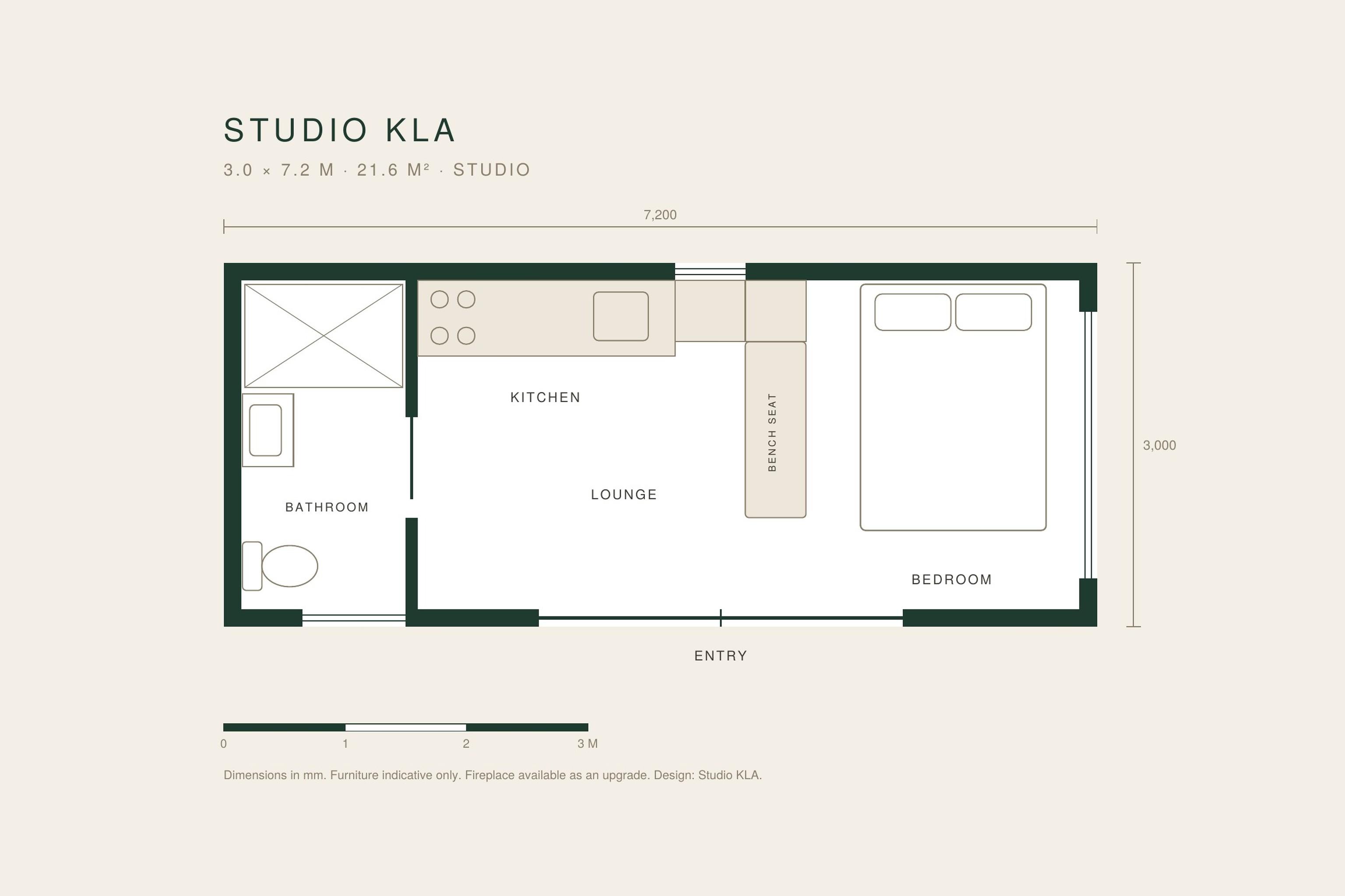 Floor plan of Studio KLA, a 3.0 × 7.2 m studio tiny house by Base Cabin, with a bathroom at one end, a kitchen and lounge in the centre, a built-in bench seat and a queen bed at the other end.