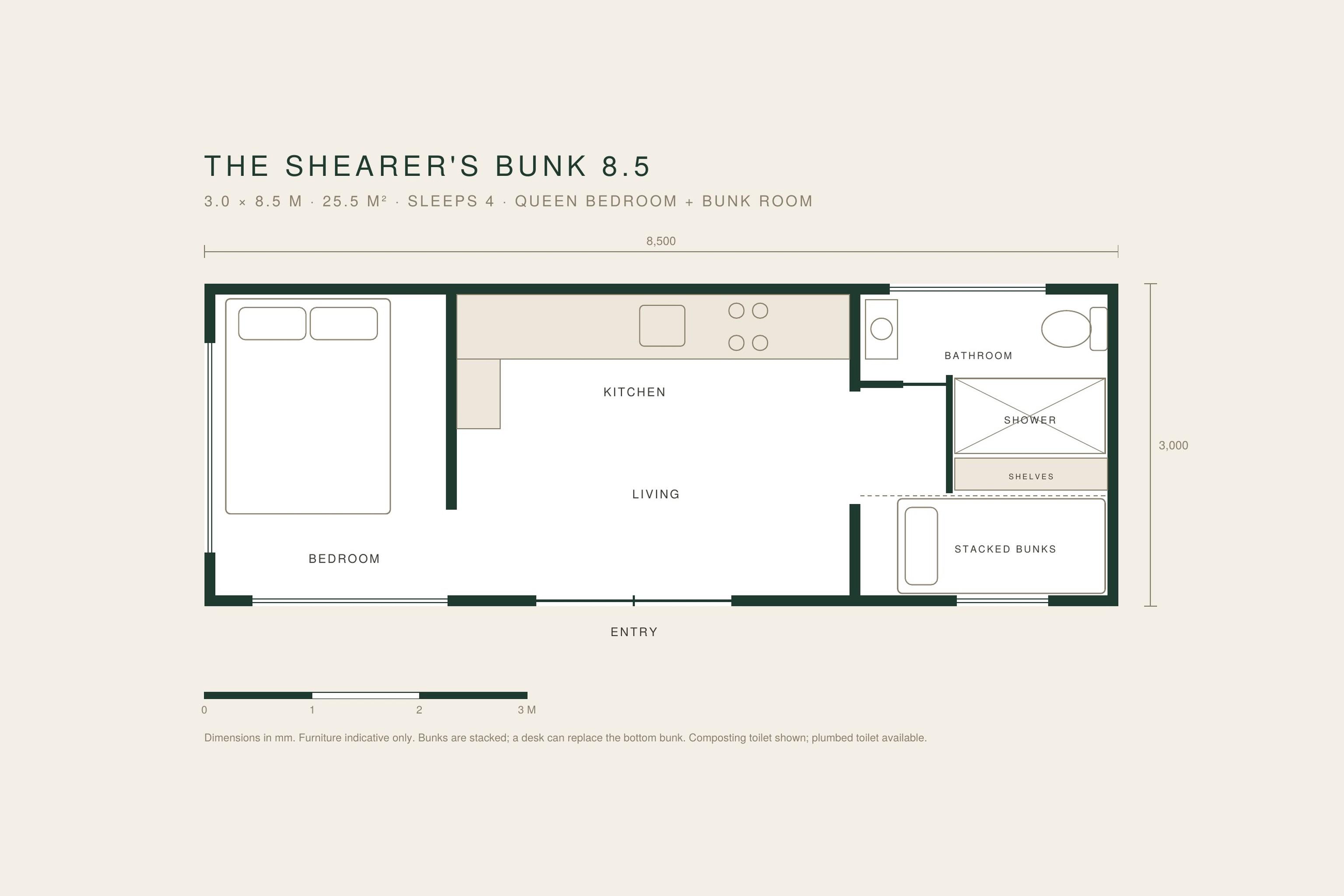 Floor plan of The Shearer’s Bunk 8.5, a 3.0 × 8.5 m tiny house by Base Cabin that sleeps four, with a queen bedroom, a full-length kitchen, a living area, a bathroom with shower and a stacked bunk room.