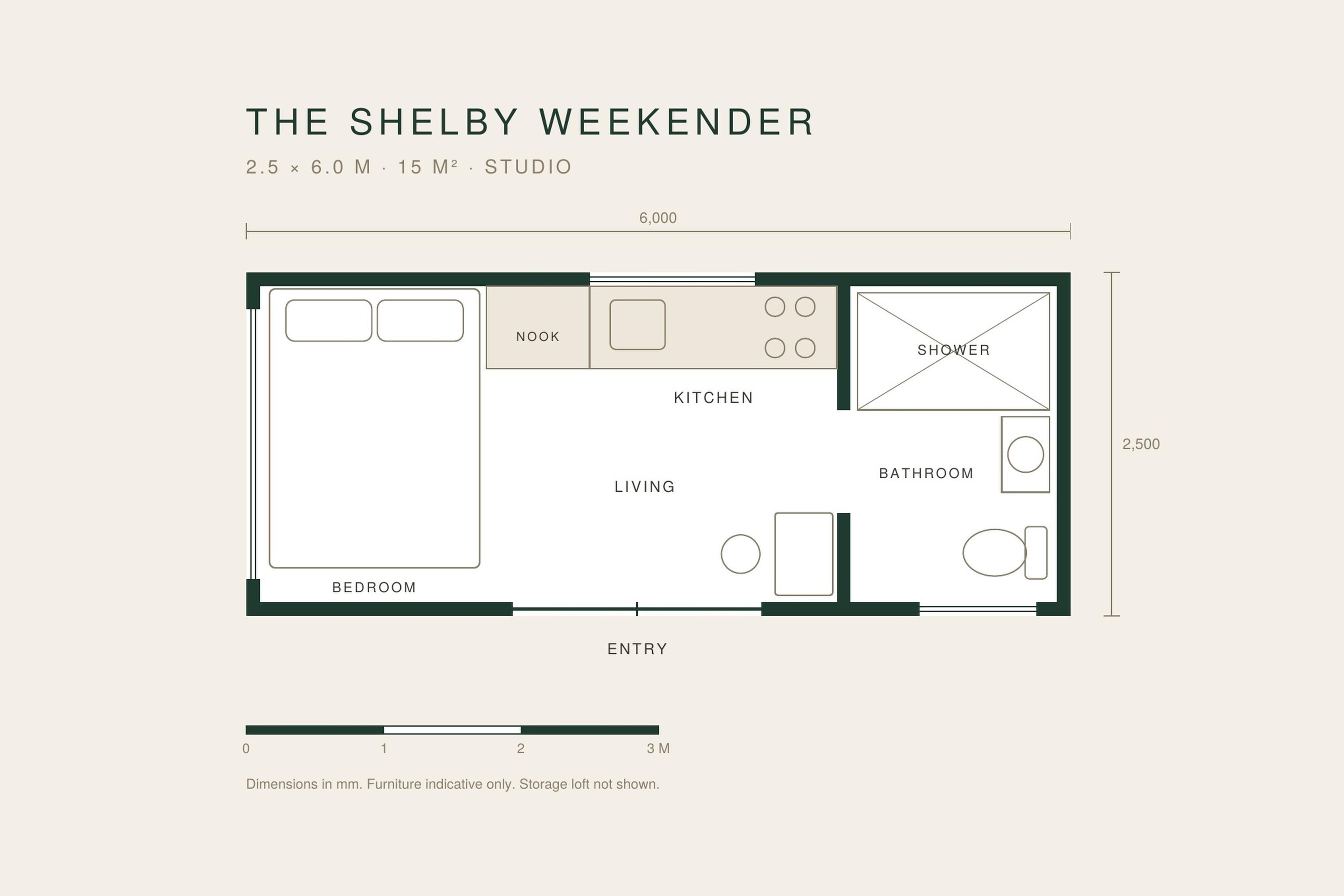 Floor plan of The Shelby Weekender, a 2.5 × 6.0 m studio tiny house by Base Cabin, with a queen bed at one end, a kitchen with nook and a living area in the centre, and a bathroom with shower at the other end.