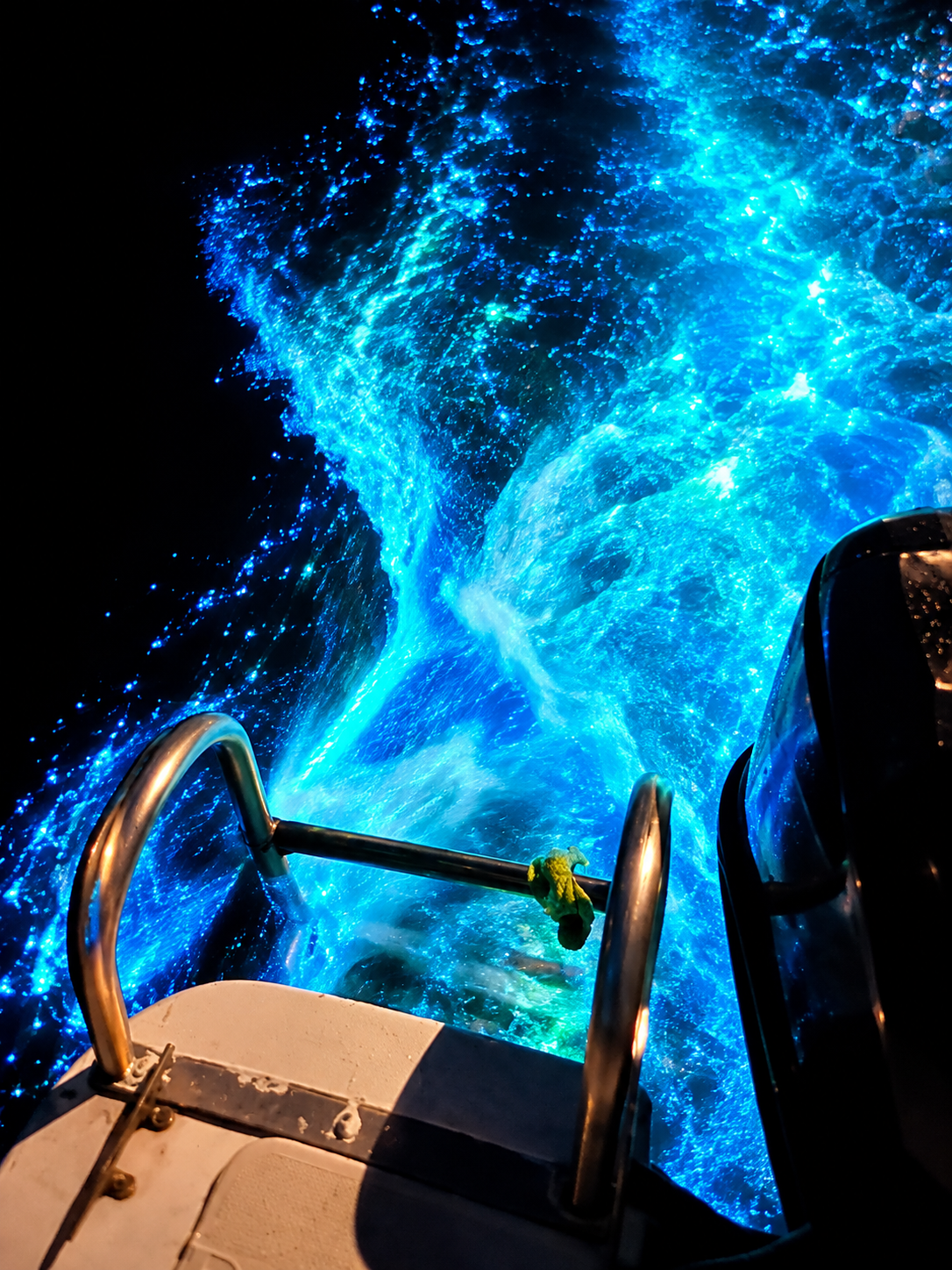 In the lagoon at night, the water glowing blue