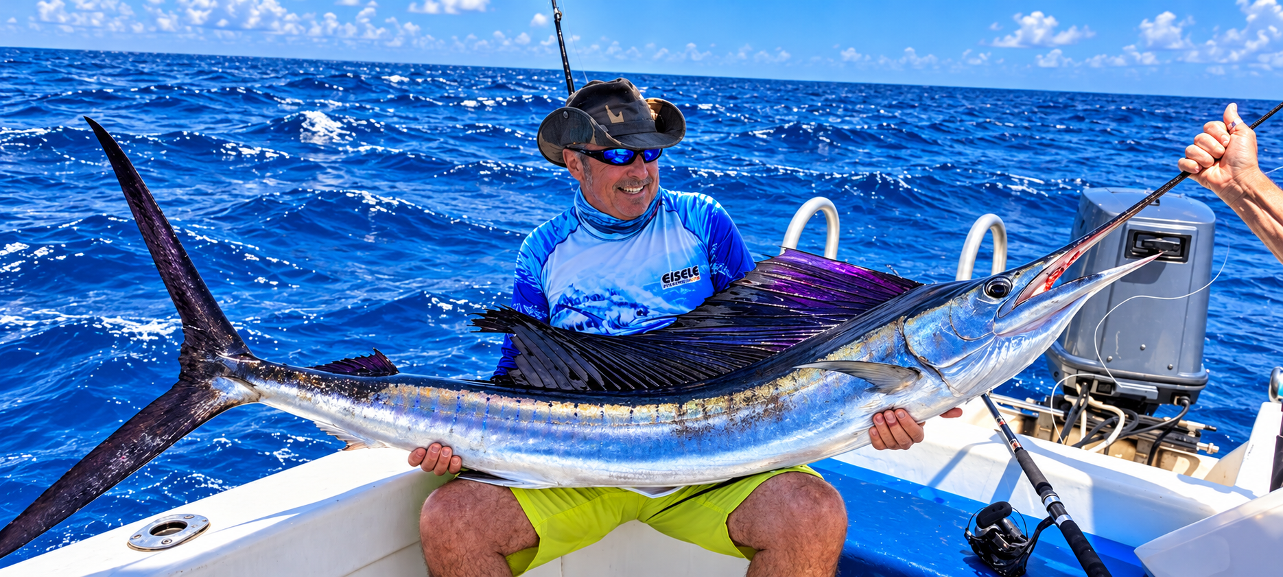 A guest holding a sailfish on deck