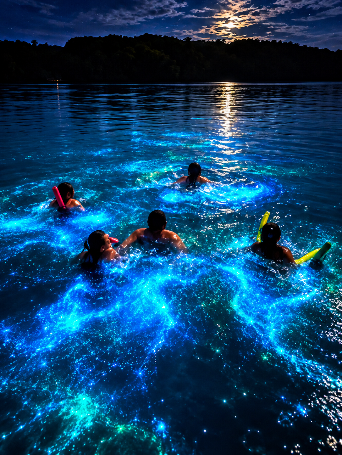 Blue bioluminescence swirling through black water