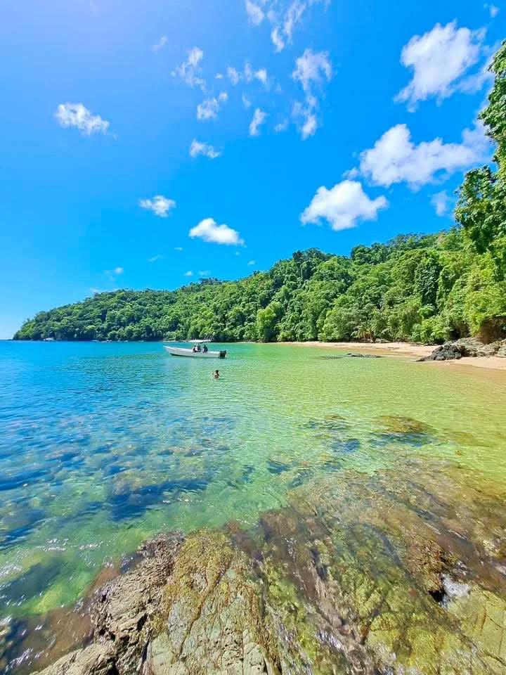 A small boat anchored off a forested headland in a clear, shallow bay