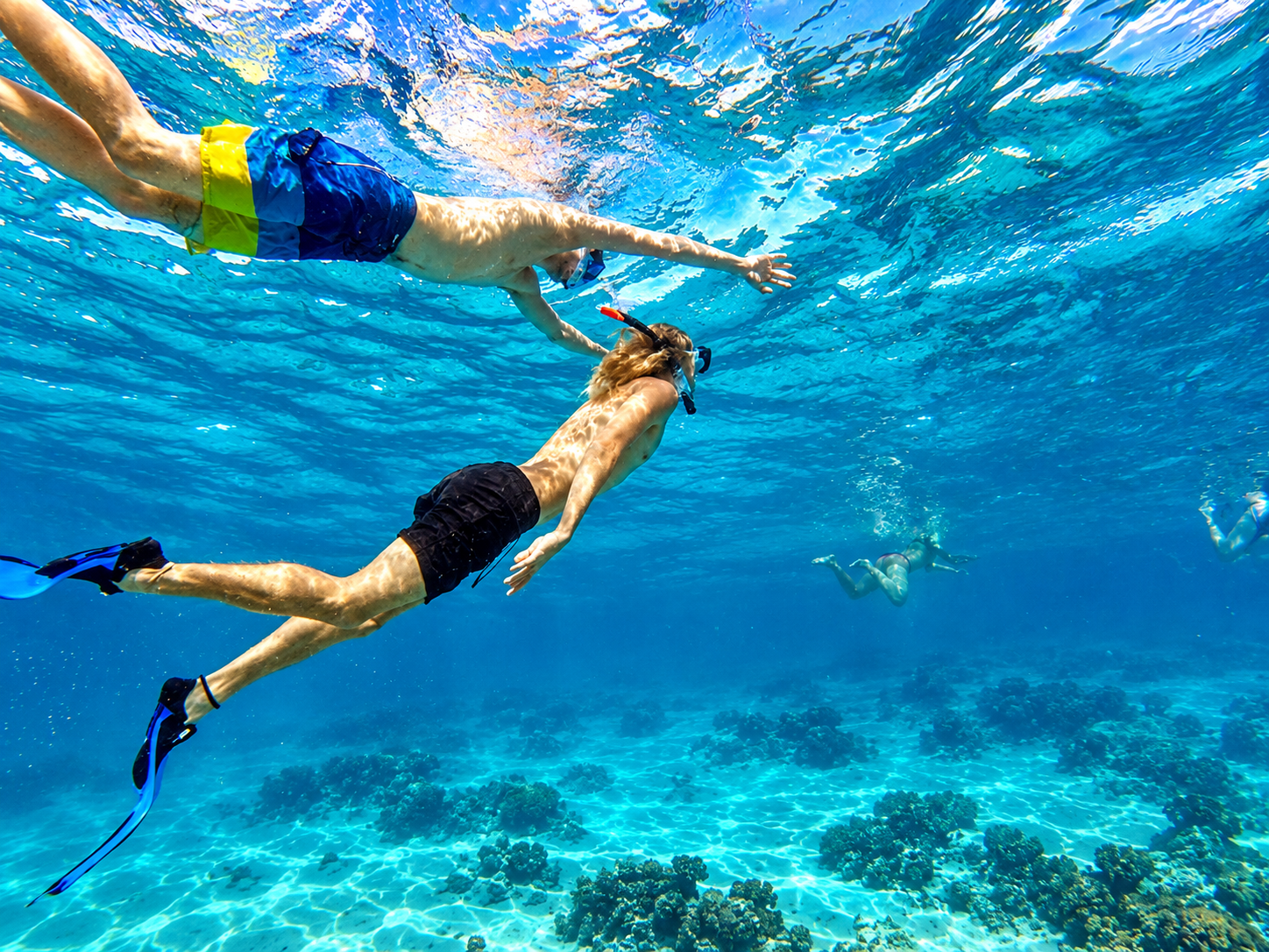 A snorkeler at the surface in clear turquoise water