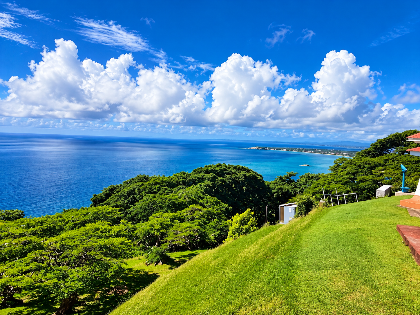 The view out over the sea from a grassy hilltop