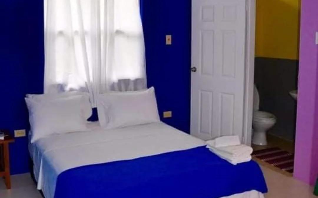 A queen bed against deep blue walls, its own bathroom through the door