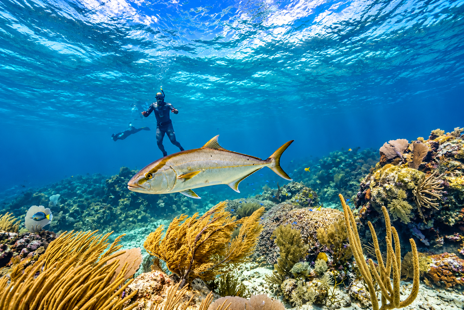 A jack crossing the reef below a free-diver at the surface