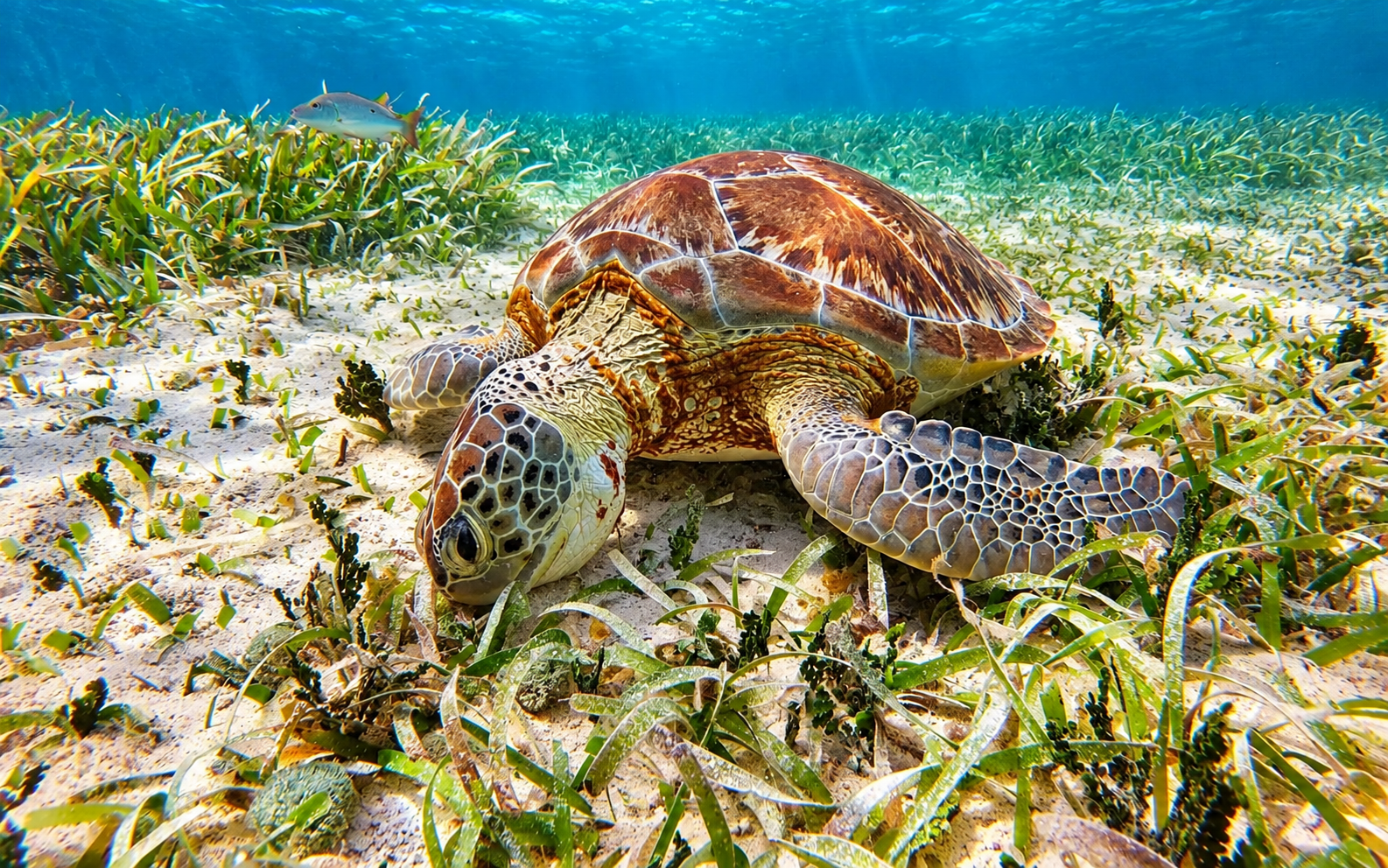 A green turtle resting on the seagrass and sand in the shallows