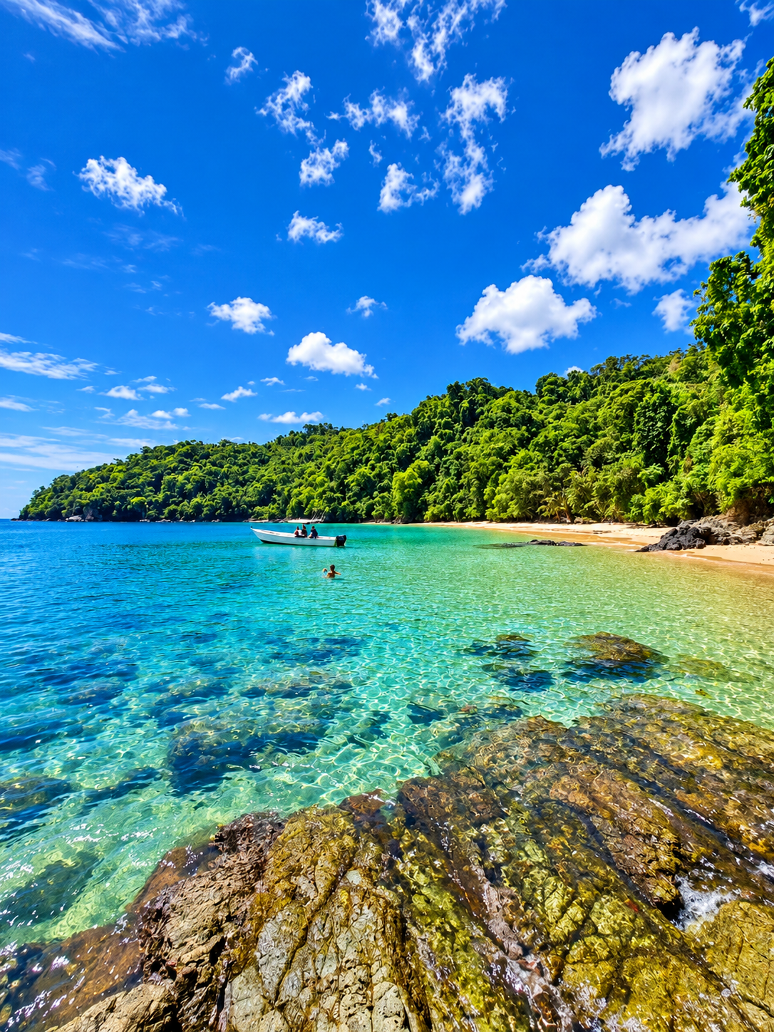 A small boat anchored off a forested headland in a clear, shallow bay