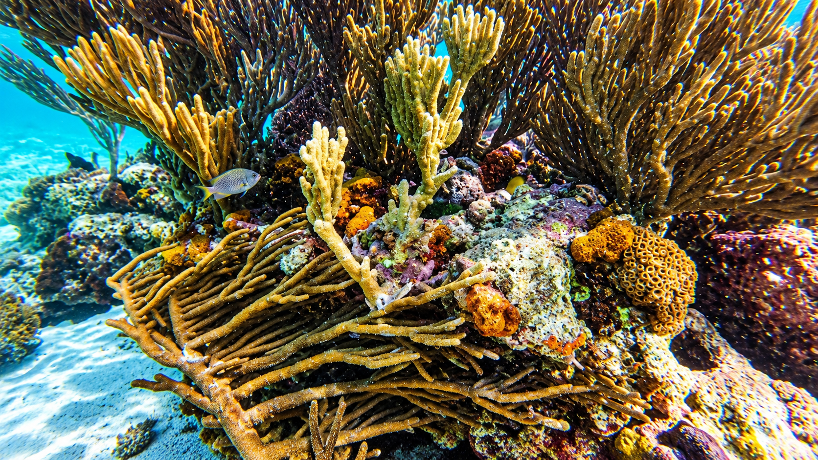 A garden of soft corals and sponges along the reef