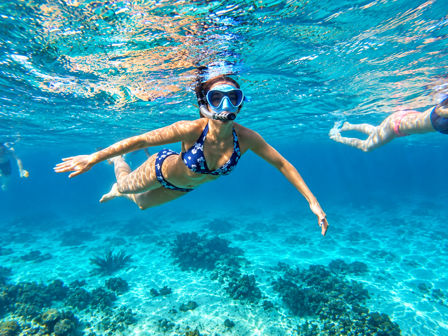 A guest snorkelling at the surface in clear turquoise water over the reef