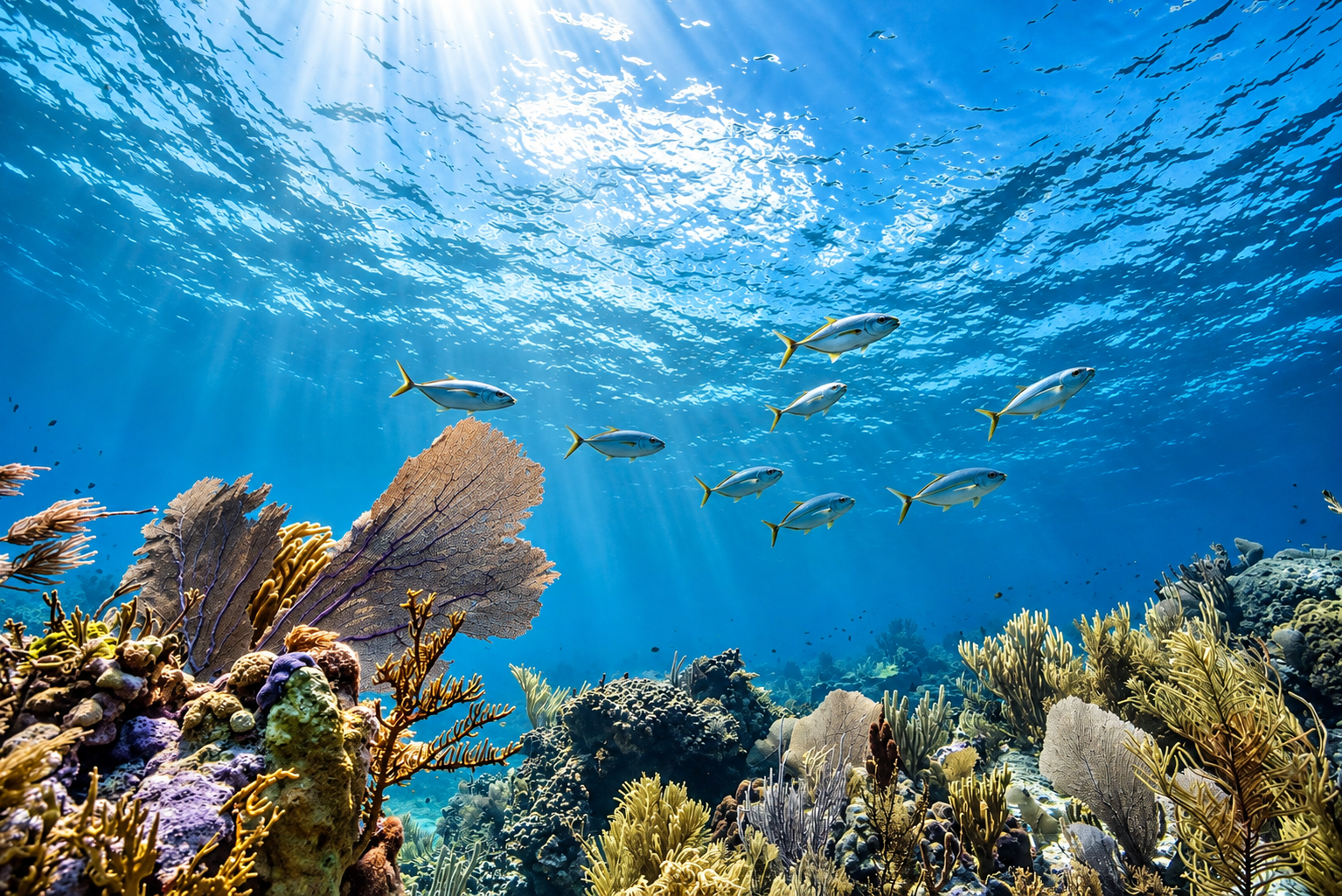 A school of fish over the sea fans in clear shallow water
