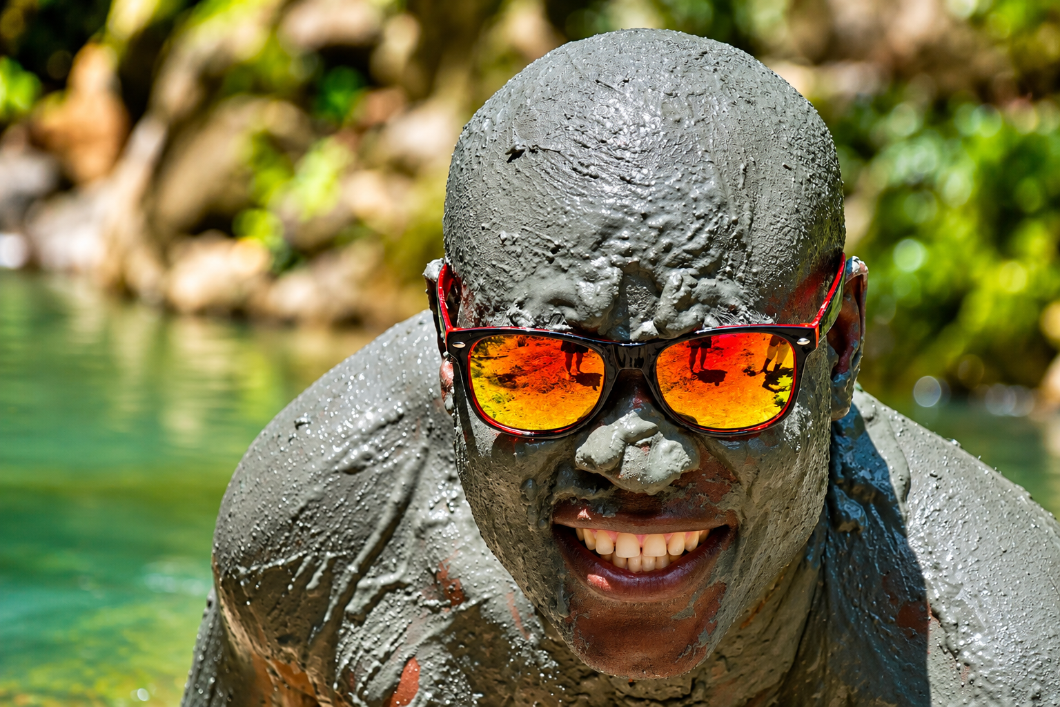 A guest coated head to toe in grey mud at the volcano