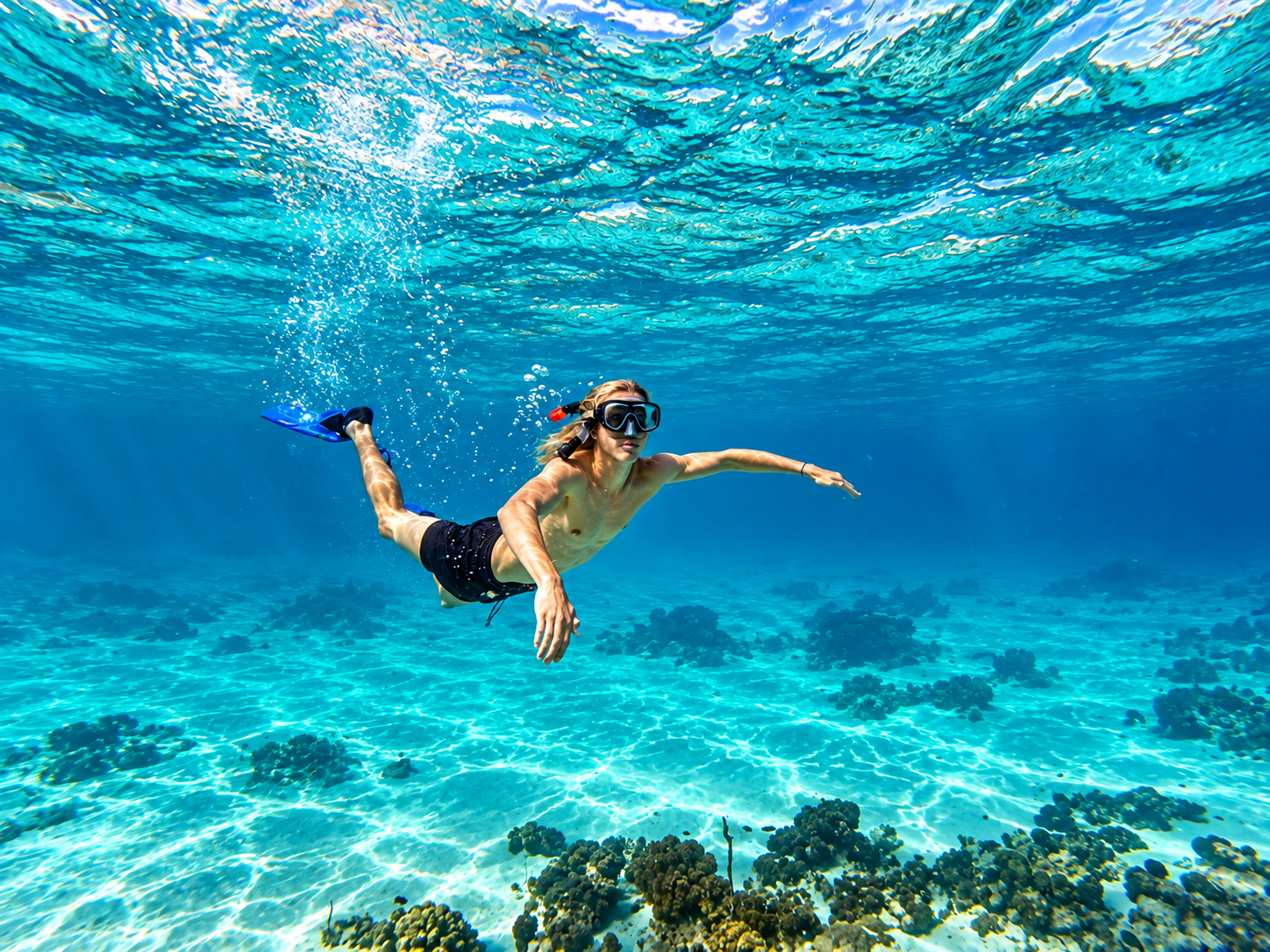 A guest under the surface of the clear turquoise water, bubbles rising past