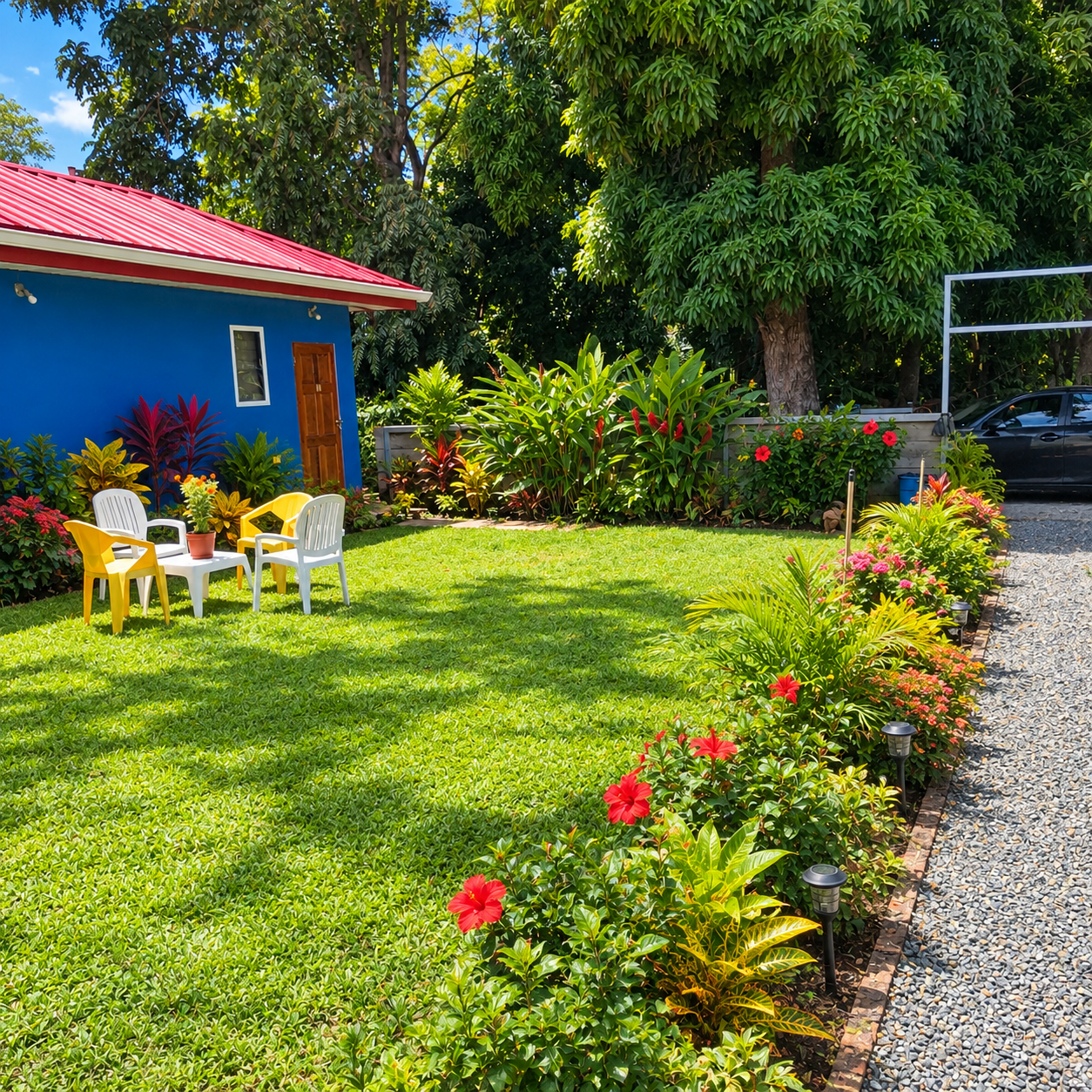 The Mango Room's freestanding blue cabin with its red roof, in the garden