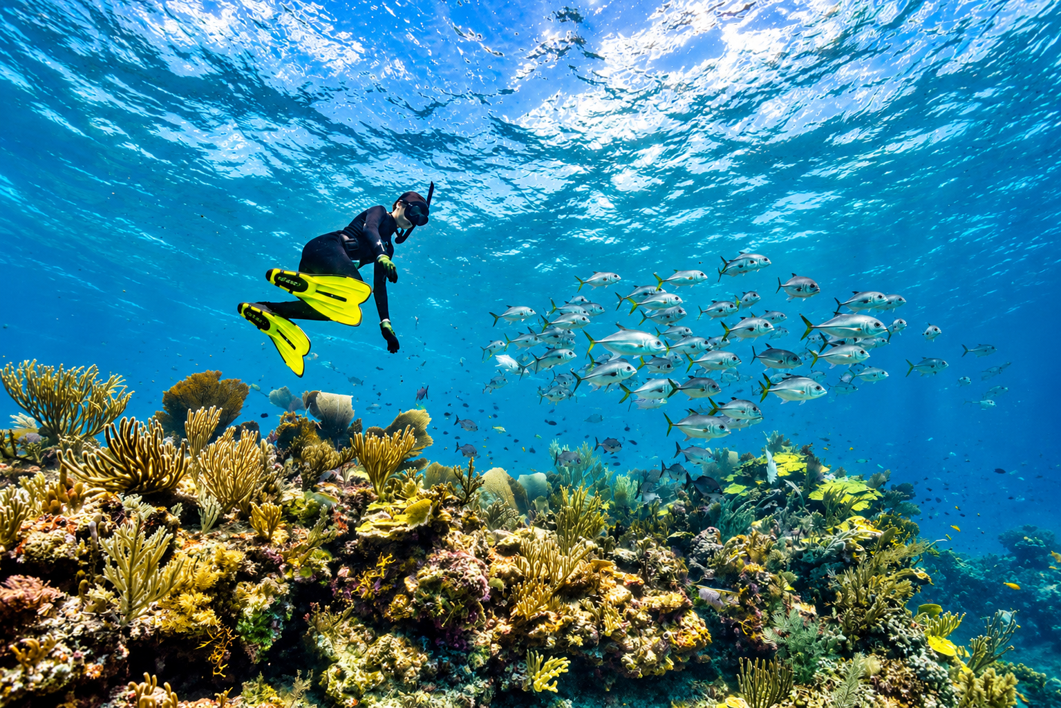 A snorkeler at the surface coming down through the blue