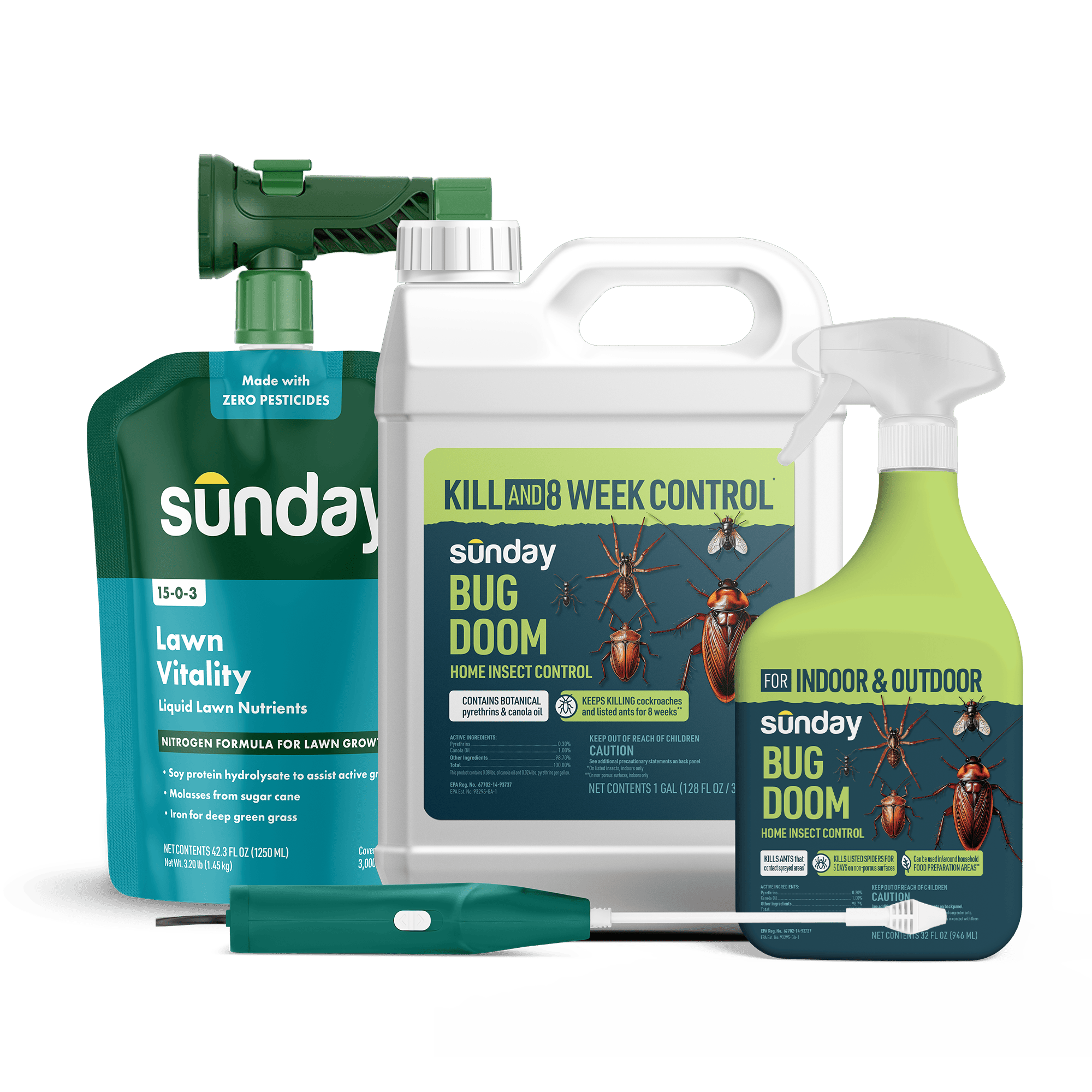 Lawn & Home Insect Control Pest Kit includes: Bug Doom Indoor Insect Spray, Motorized Wand Sprayer, Bug Doom Home Barrior Spray, NEW Replacement Sprayer, and Lawn Vitality