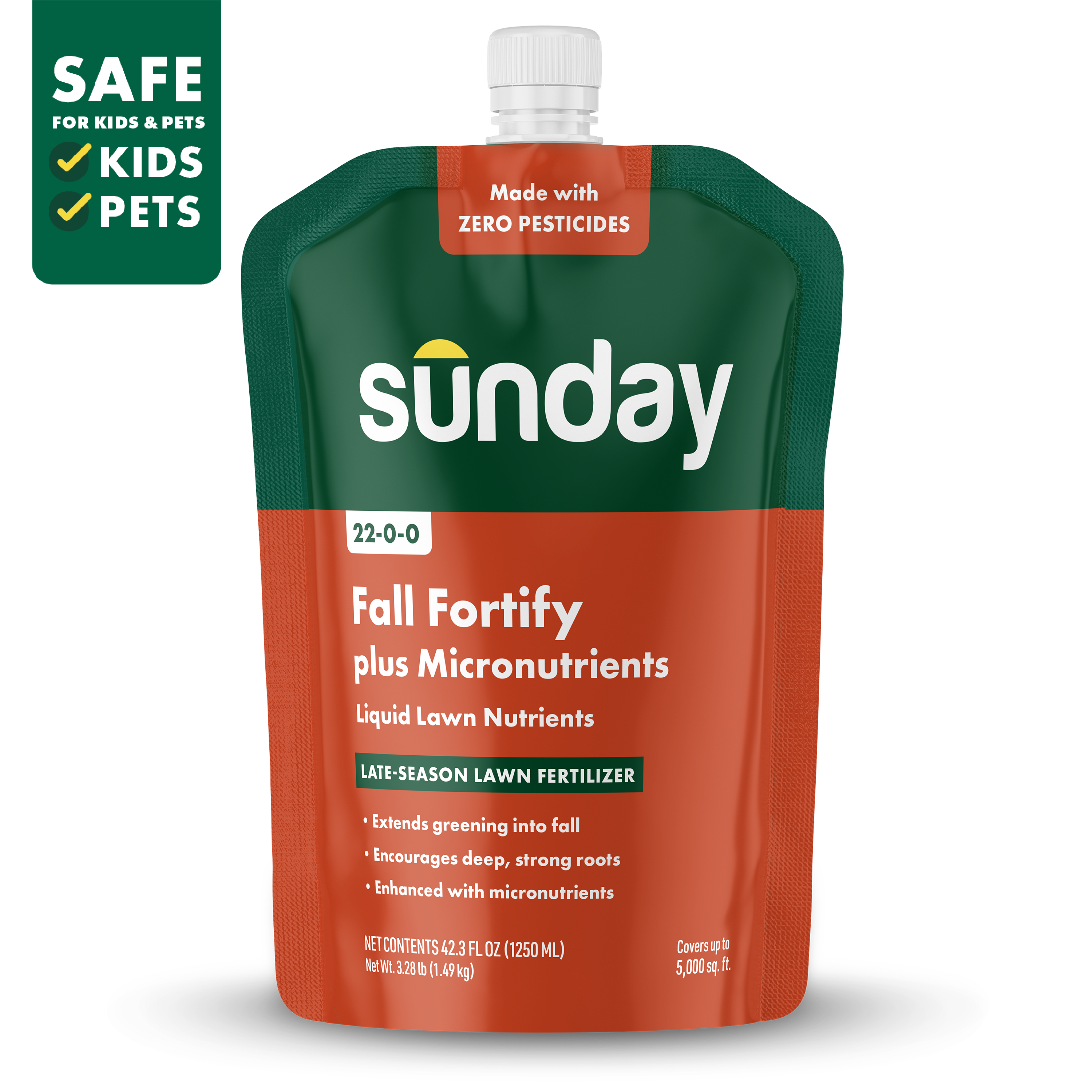 Sunday Fall Fortify Plus 42.3 fl oz liquid fall lawn fertilizer pouch with hose-end sprayer