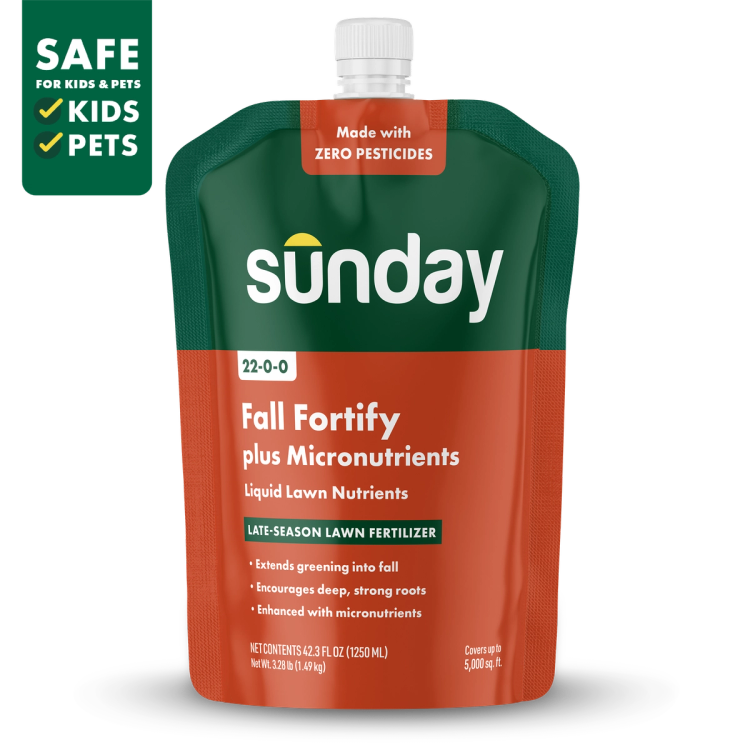 Sunday Fall Fortify Plus 42.3 fl oz liquid fall lawn fertilizer pouch with hose-end sprayer