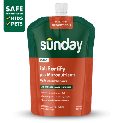 Sunday Fall Fortify Plus 42.3 fl oz liquid fall lawn fertilizer pouch with hose-end sprayer