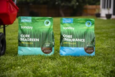 granular lawn fertilizer on green lawn