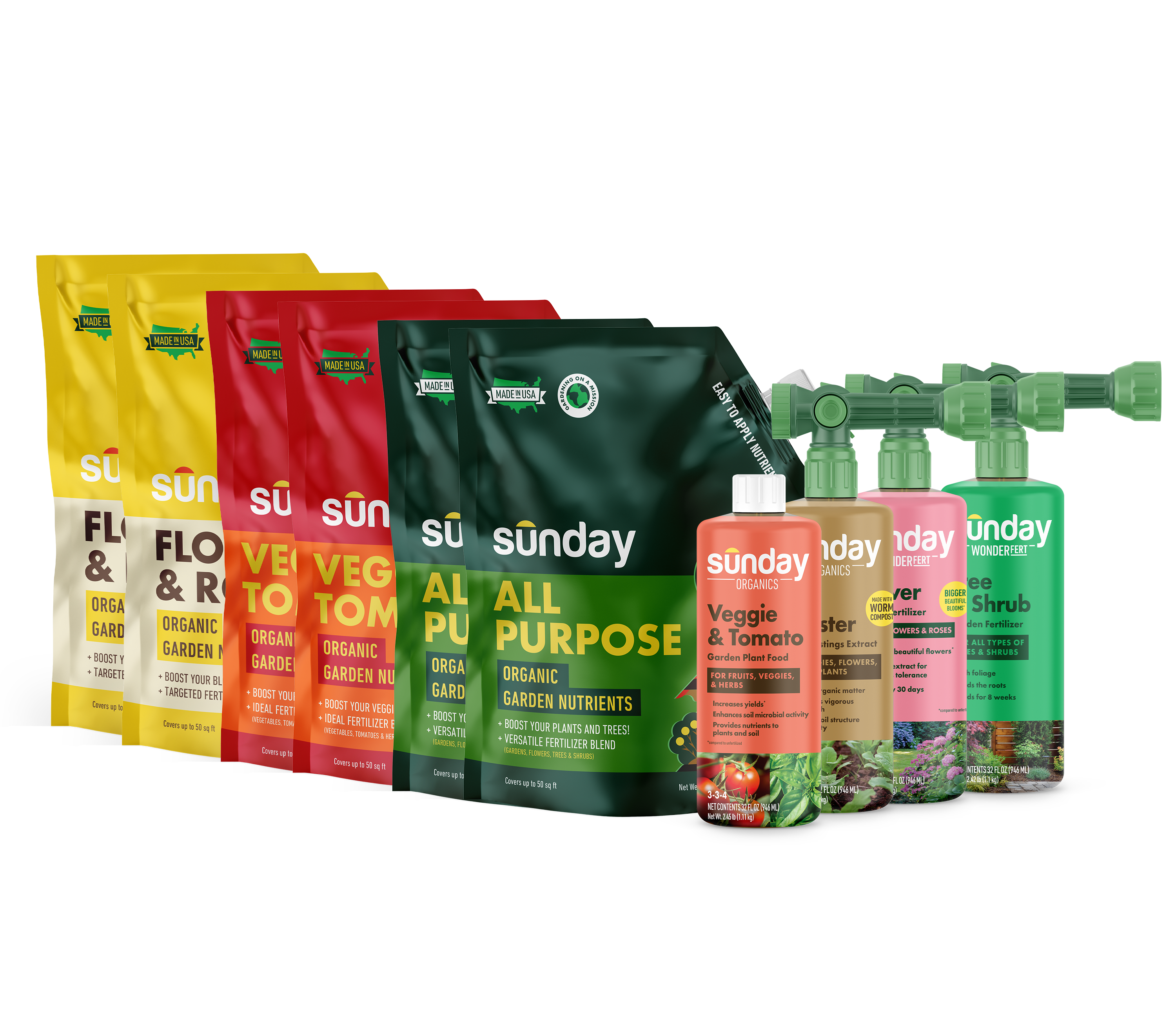 Sunday Ultimate Garden Kit includes (4) 32 oz liquid fertilizers with hose-end sprayers, (2) 2 lb flower & rose granular, (2) 2 lb veggie & tomato granular, (2) 4 lb all-purpose plant food