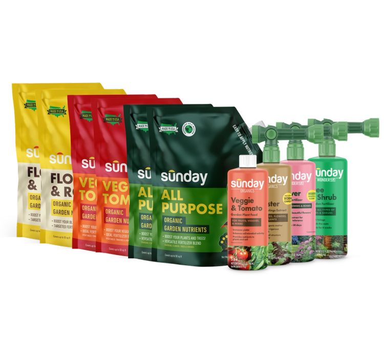 Sunday Ultimate Garden Kit includes (4) 32 oz liquid fertilizers with hose-end sprayers, (2) 2 lb flower & rose granular, (2) 2 lb veggie & tomato granular, (2) 4 lb all-purpose plant food