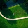 Aerial shot of a lawn with a path winding its way through. A group of people sits in the center of the lawn.