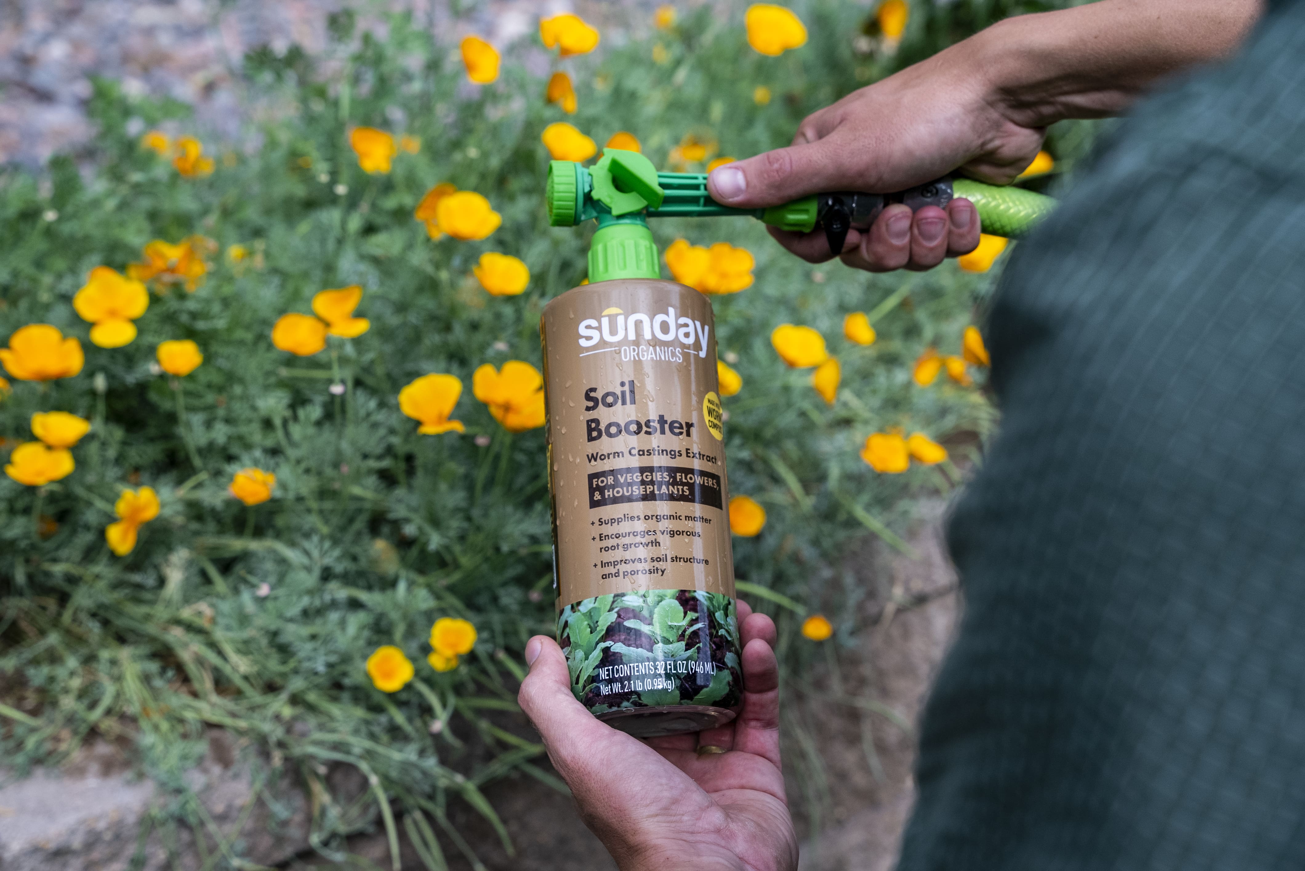 Person holding Soil Booster soil amendment made from vermicompost into garden bed.