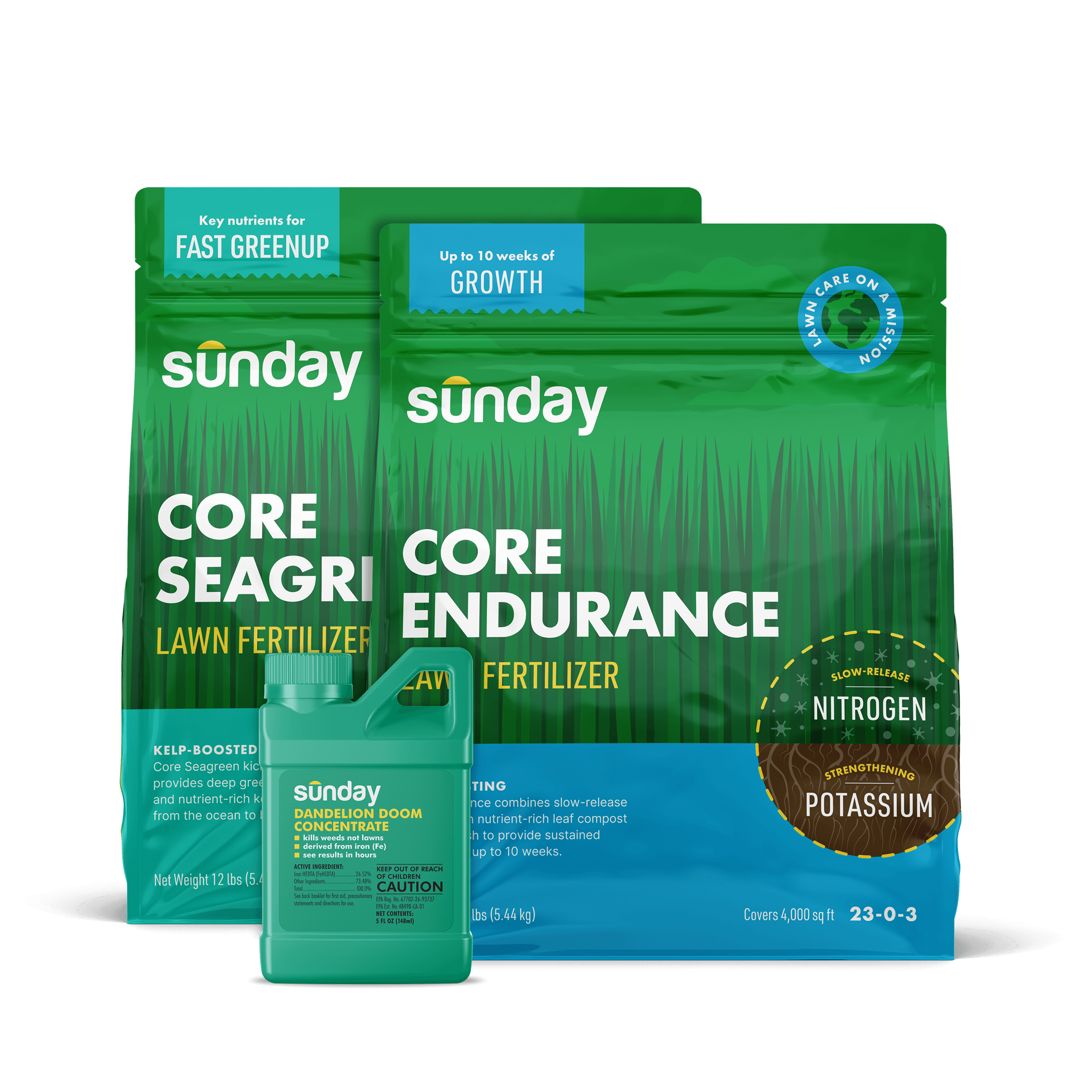 Granular Fall Lawn Fertilizer Kit includes: Sunday Herbicide Pouch, Motorized Wand Sprayer Dandelion Doom Herbicide Concentrate Refill, Core Endurance, and Core Seagreen