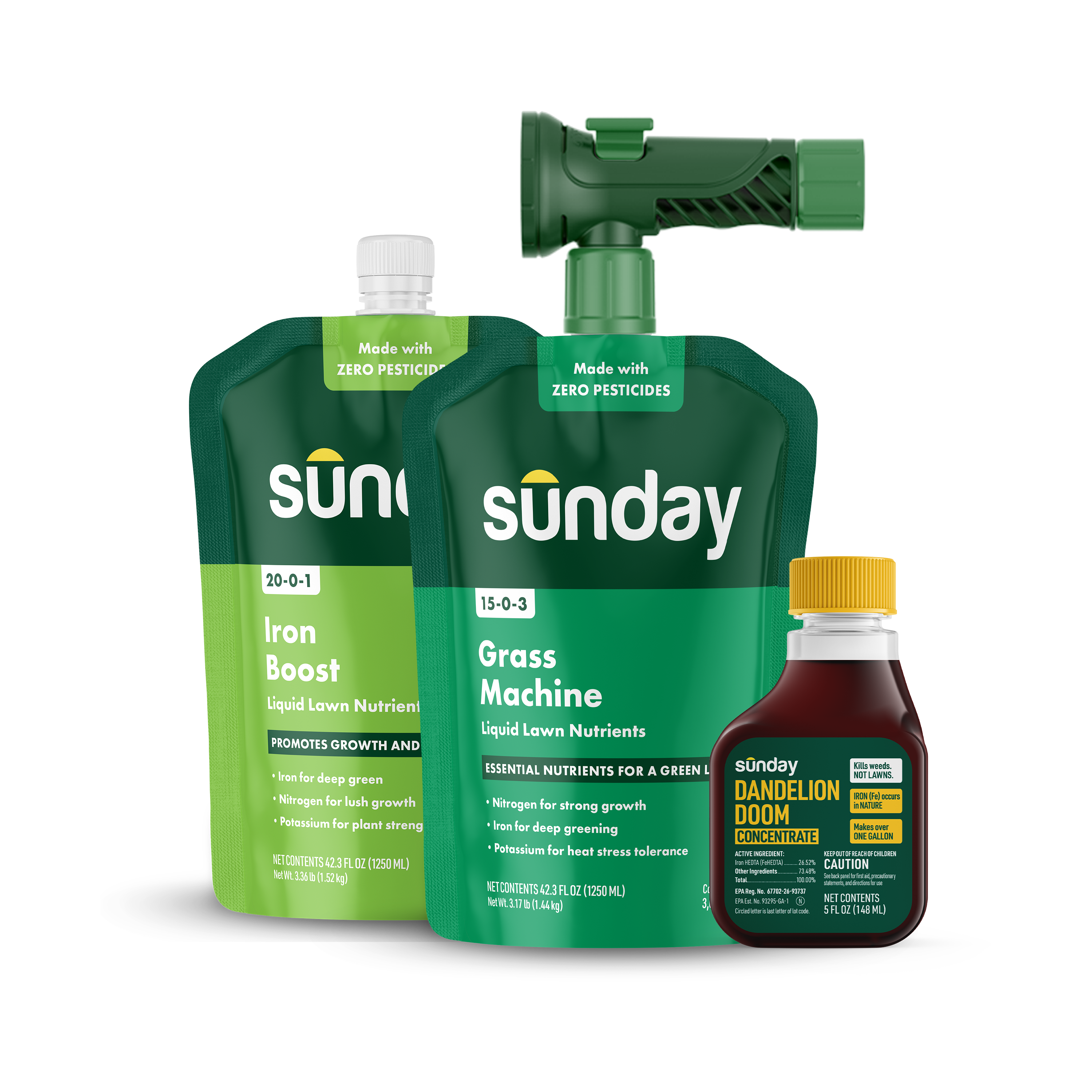Spring Kickstart Kit includes Iron Boost and Grass Machine fertilizers and Dandelion Doom weed killer