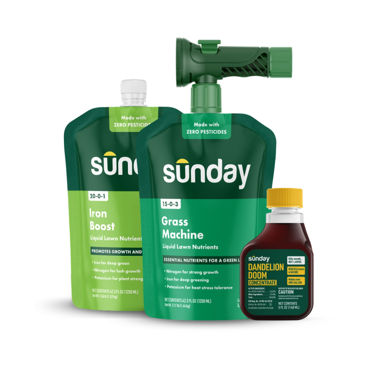 Spring Kickstart Kit includes Iron Boost and Grass Machine fertilizers and Dandelion Doom weed killer