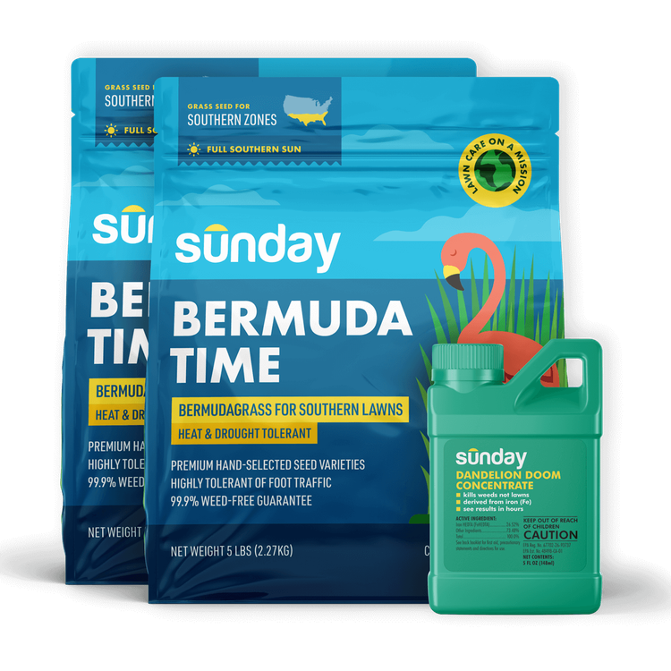 Bermudagrass Seed & Weed Lawn Kit includes: Dandelion Doom Herbicide Concentrate Refill, Sunday Herbicide Pouch, Wand Sprayer, and Pet Lawn Grass Seed
