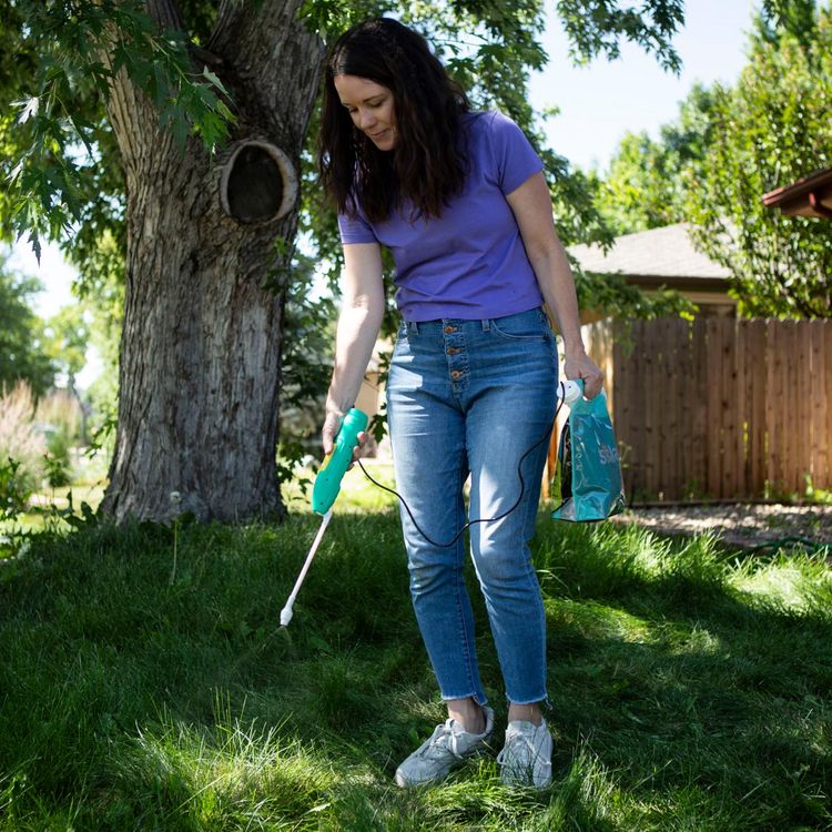 Woman applying weed control