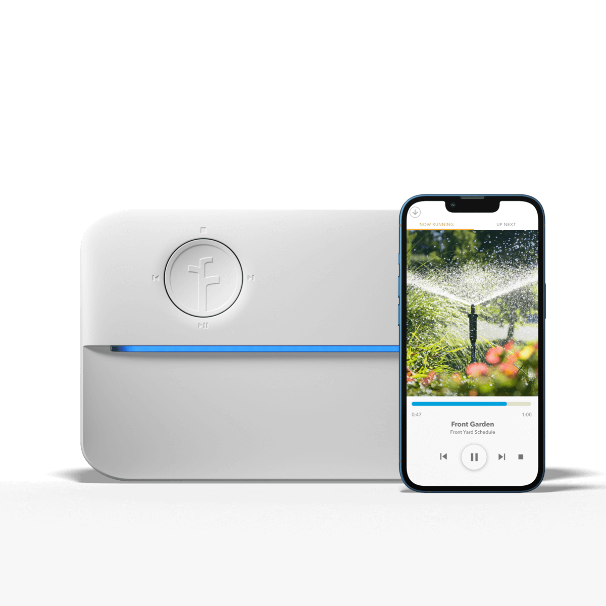 Rachio smart sprinkler controller with smartphone showing app