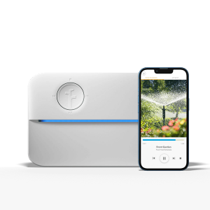 Rachio smart sprinkler controller with smartphone showing app