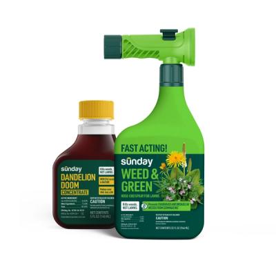 Pre-emergent & Post-emergent Weed Kit includes: Weed & Green Sprayer, Weed & Green , Dandelion Doom Herbicide Concentrate Refill, Sunday Herbicide Pouch, and Wand Sprayer