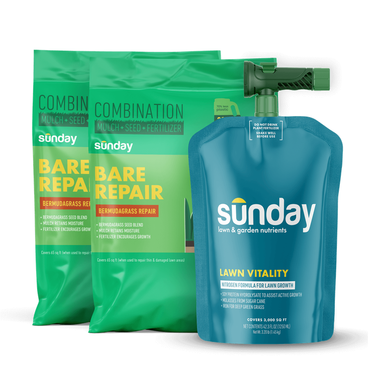 Bermudagrass Patch Kit for Common Bermudagrass Lawns includes: Bare Repair Bermudagrass Lawn Treatment + Grass Seed, Lawn Vitality, and NEW Replacement Sprayer